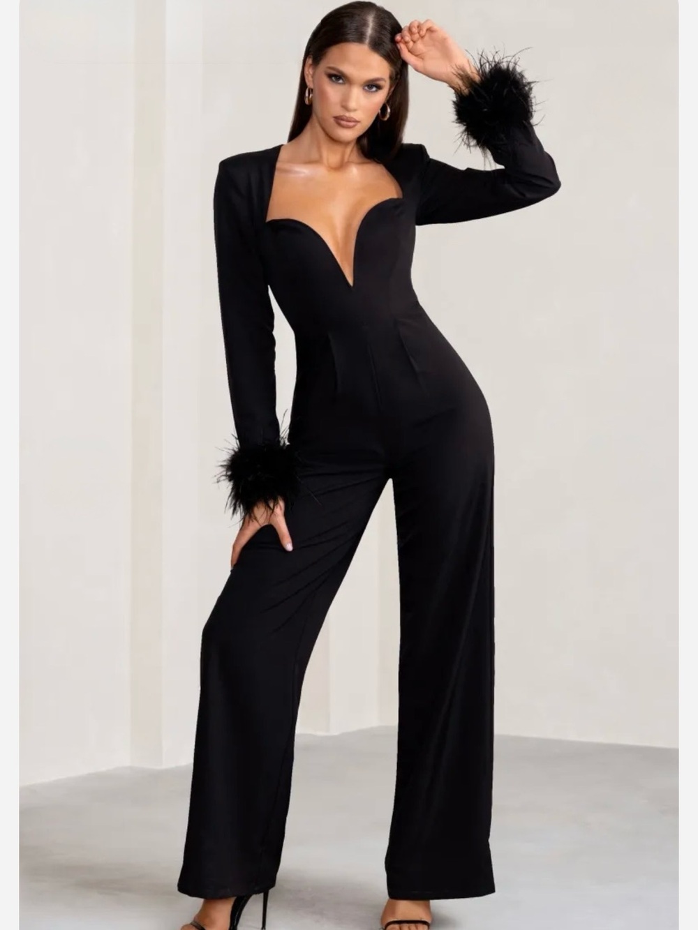 Portia Sweetheart Plunge Wide Leg Jumpsuit with Feather Cuffs